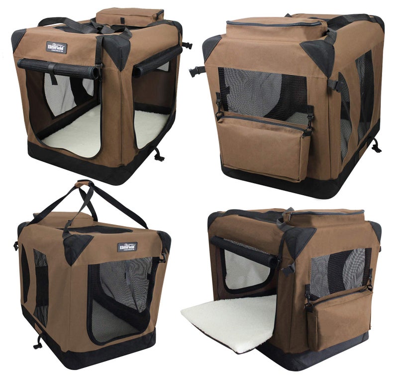 EliteField 3-Door Folding Soft Dog Crate with Carrying Bag and Fleece Bed (2 Year Warranty), Indoor & Outdoor Pet Home (20" L x 14" W x 14" H, Brown) - Image 3